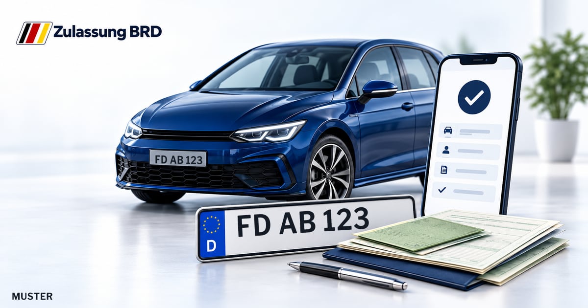 Online Fahrzeugzulassung in Landkreis Fulda: Musterkennzeichen FD AB 123, Auto und Fahrzeugpapiere und Smartphone. Illustration mit Logo von Zulassung BRD.